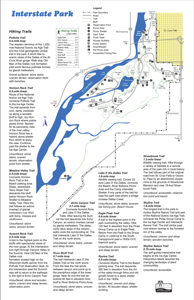 A detailed map of Interstate State Park on the border between Wisconsin and Minnesota