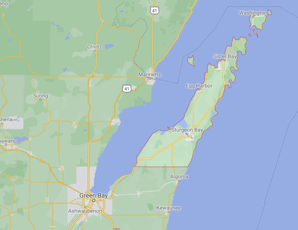 A map of the peninsula of Door County, a Wisconsin elopement location